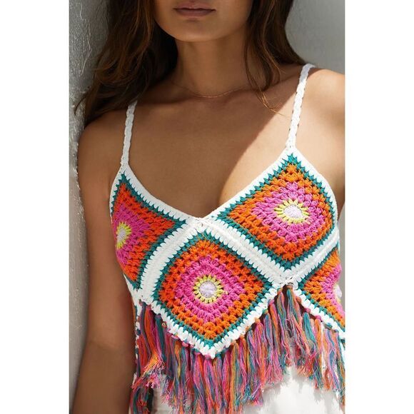 Self Contrast Dixie Crochet Camisole Knit Fringe Hem Top S Happy Colors NWT $195 - Picture 2 of 9